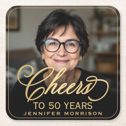 Proost op 50 Jaar Verjaardag Foto Goud Zwart Kartonnen Onderzetters (Voorkant)