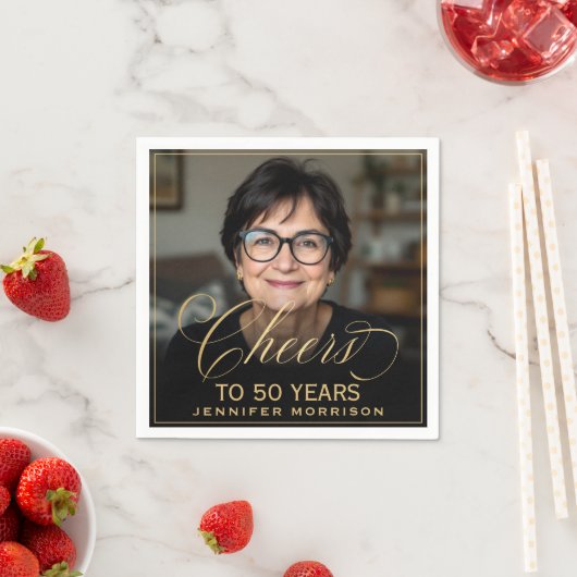 Proost op 50 Jaar Verjaardag Foto Goud Zwart Servet (Insitu)
