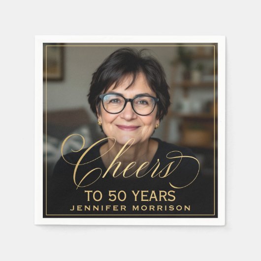 Proost op 50 Jaar Verjaardag Foto Goud Zwart Servet (Voorkant)