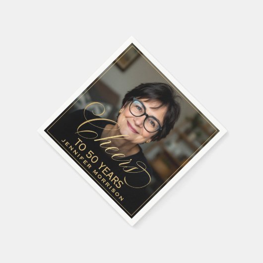 Proost op 50 Jaar Verjaardag Foto Goud Zwart Servet (Hoek)