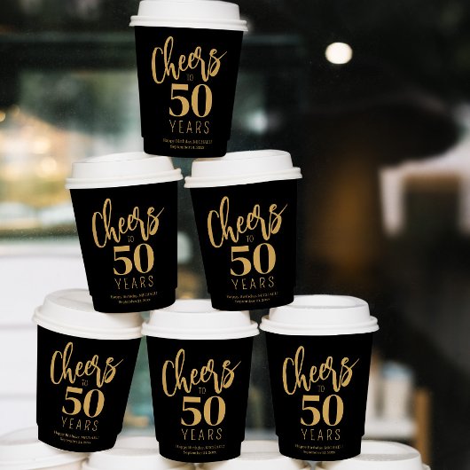 Proost op 50 jaar verjaardag op maat goud zwart papieren bekers