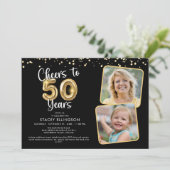 Proost op 50 Years2 Foto's Script Balloon Confetti Kaart (Staand voorkant)