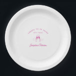 Proost op 50 Years Pink 50th Birthday Custom Papieren Bordje<br><div class="desc">Feestelijke roze doodle ontwerp is voorzien van twee handen roosteren met wijnglazen. Alle tekst is bewerkbaar.</div>