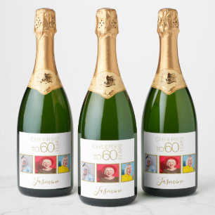 Proost op 60 jaar 3 foto's Gouden Elegante Lijst Sparkling Wijnetiket