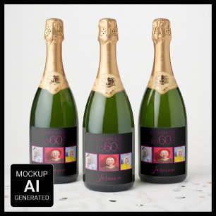 Proost op 60 jaar 3 foto's Zwart Roze Elegant Sparkling Wijnetiket