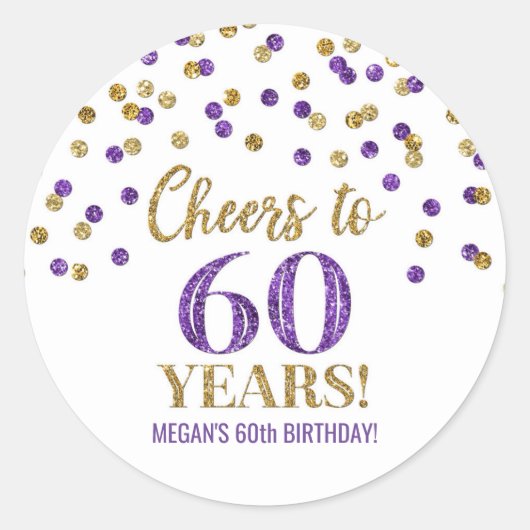 Proost op 60 Jaar Gouden Paarse Confetti Ronde Sticker (Voorkant)