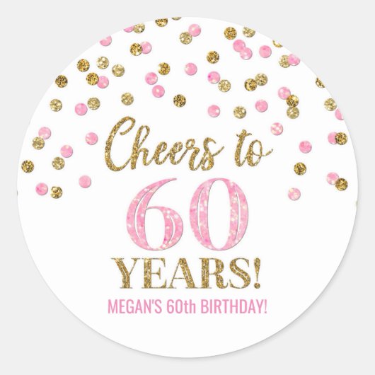 Proost op 60 jaar Gouden Roze Confetti Ronde Sticker (Voorkant)