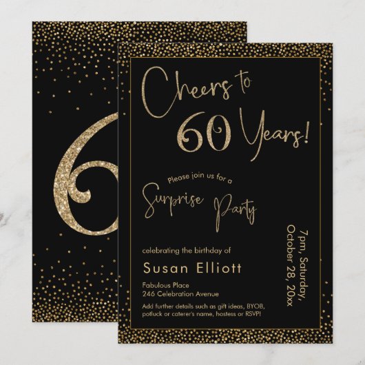 Proost op 60 jaar Surprise Party, Black & Gold Kaart (Voorkant / Achterkant)