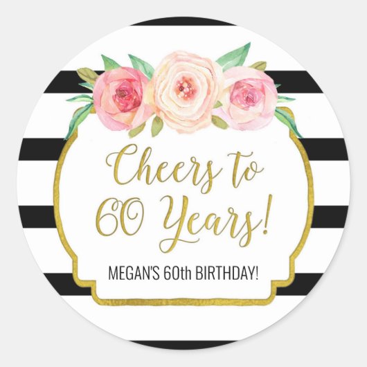 Proost op 60 jaar verjaardag Black Stripes Bloemen Ronde Sticker (Voorkant)