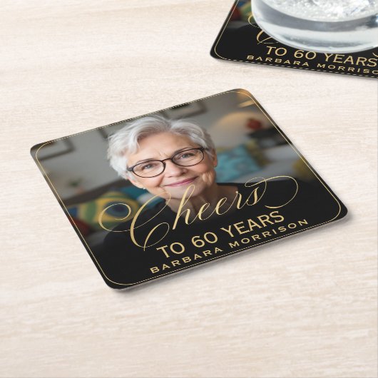 Proost op 60 Jaar Verjaardag Foto Goud Zwart Kartonnen Onderzetters (Schuin)