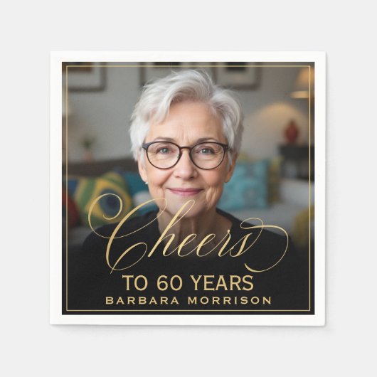Proost op 60 Jaar Verjaardag Foto Goud Zwart Servet (Voorkant)