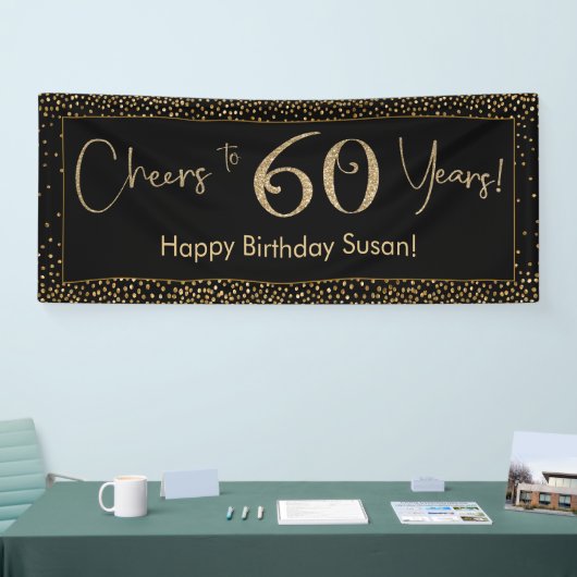 Proost op 60 jaar Verjaardag Zwart w / Gold Confet Spandoek (Beurs)