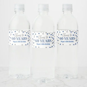 Proost op 60 Years Blue Silver Confetti Verjaardag Waterfles Etiket