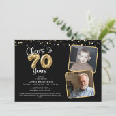 Proost op 70 jaar 2 foto's Script Balloon Kaart (Staand voorkant)