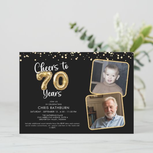 Proost op 70 jaar 2 foto's Script Balloon Kaart (Staand voorkant)