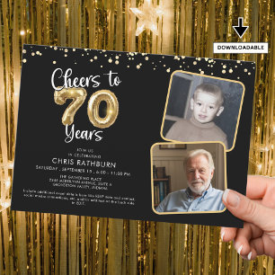 Proost op 70 jaar 2 foto's Script Balloon Kaart