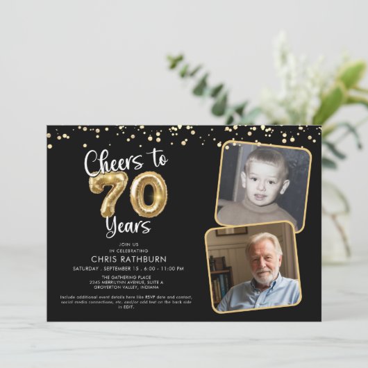 Proost op 70 jaar 2 foto's Script Balloon Kaart (Staand voorkant)