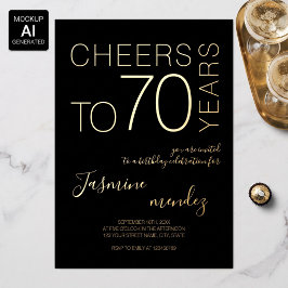 Proost op 70 jaar Black Gold Elegante Verjaardag Folie Uitnodiging