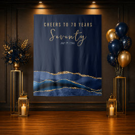 Proost Op 70 Jaar Navy Gold Agate Achtergrond Wandkleed
