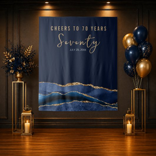 Proost Op 70 Jaar Navy Gold Agate Achtergrond Wandkleed