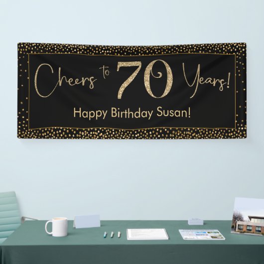 Proost op 70 Jaar Verjaardag Zwart w / Gold Confet Spandoek (Beurs)
