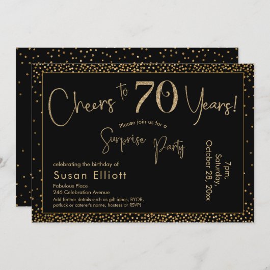 Proost op 70 jaar Verrassing Verjaardag Goud & Zwa Kaart (Voorkant / Achterkant)