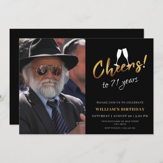 Proost op 71 jaar gouden zwarte volwassen verjaard kaart (Voorkant / Achterkant)