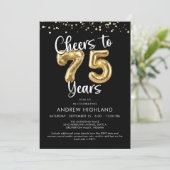 Proost op 75 jaar gouden ballonnummers zwart kaart (Staand voorkant)