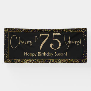 Proost op 75 jaar Verjaardag Zwart w / Gold Confet Spandoek