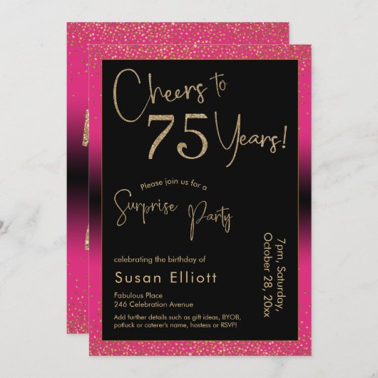 Proost op 75 jaar Verrassingsfeestje, roze Kaart (Voorkant / Achterkant)