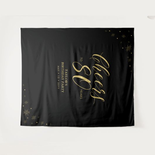 Proost op 80 jaar | Gold & Black verjaardagsfeest Wandkleed (Voorkant (horizontaal))
