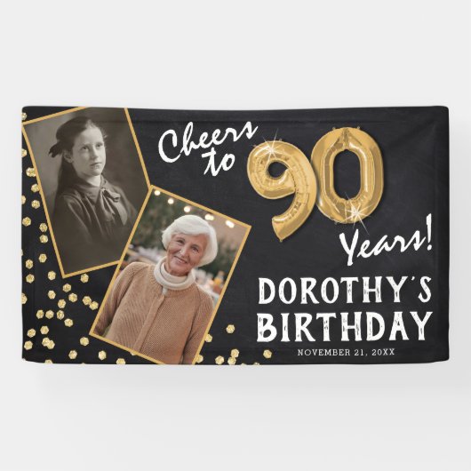 Proost op 80 Jaar Goud 2 Foto Verjaardag Spandoek (Horizontaal)