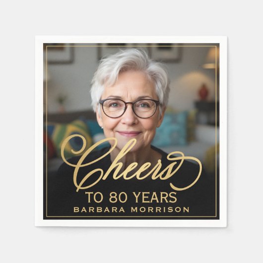 Proost op 80 Jaar Verjaardag Foto Goud Zwart Servet (Voorkant)