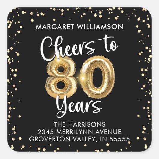 Proost op 80 jaar verjaardag retour adres vierkante sticker (Voorkant)