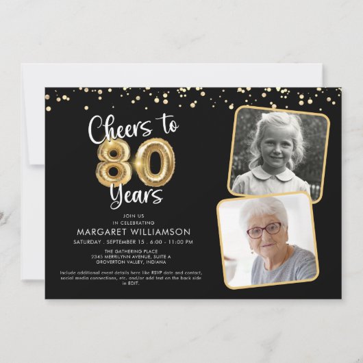 Proost op 80 Years2 Foto's Script Balloon Confetti Kaart (Voorkant)