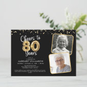 Proost op 80 Years2 Foto's Script Balloon Confetti Kaart (Staand voorkant)