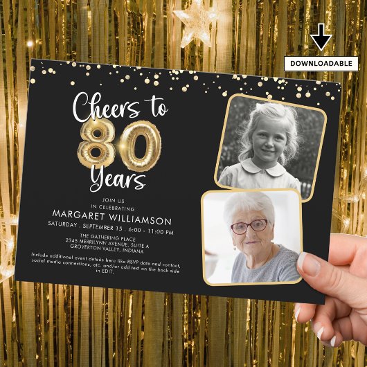 Proost op 80 Years2 Foto's Script Balloon Confetti Kaart