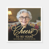 Proost op 90 Jaar Verjaardag Foto Goud Zwart Servet (Voorkant)