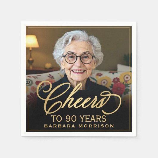 Proost op 90 Jaar Verjaardag Foto Goud Zwart Servet (Voorkant)