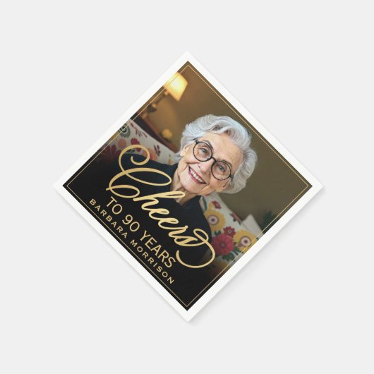 Proost op 90 Jaar Verjaardag Foto Goud Zwart Servet (Hoek)