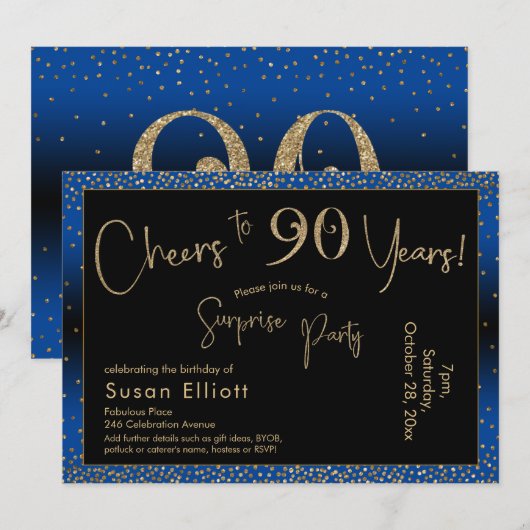 Proost op 90 jaar Verrassing Verjaardag Gold & Blu Kaart (Voorkant / Achterkant)