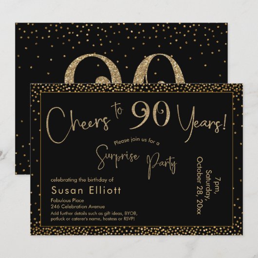 Proost op 90 jaar Verrassing Verjaardag Goud & Zwa Kaart (Voorkant / Achterkant)