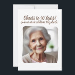 Proost op 90 Years 90th Birthday Party Foto toevoe Kaart<br><div class="desc">Gepersonaliseerde foto-uitnodiging voor de mijlpaal van de 90e verjaardag - Proost op 90 jaar! Maak dit echt uniek door uw speciale foto en aangepaste bericht toe te voegen voor deze feestuitnodiging.</div>