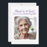 Proost op 90 Years 90th Birthday Party Foto toevoe Kaart<br><div class="desc">Gepersonaliseerde foto-uitnodiging voor de mijlpaal van de 90e verjaardag - Proost op 90 jaar! Maak dit echt uniek door uw speciale foto en aangepaste bericht toe te voegen voor deze feestuitnodiging.</div>