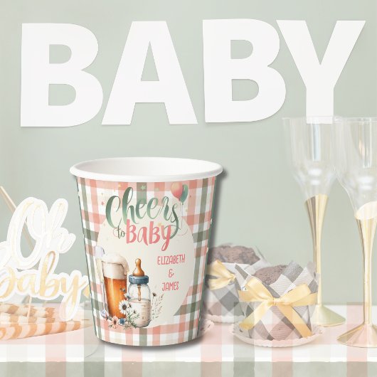 Proost op de Baby Sage Peach Gingham Bierflessen Papieren Bekers