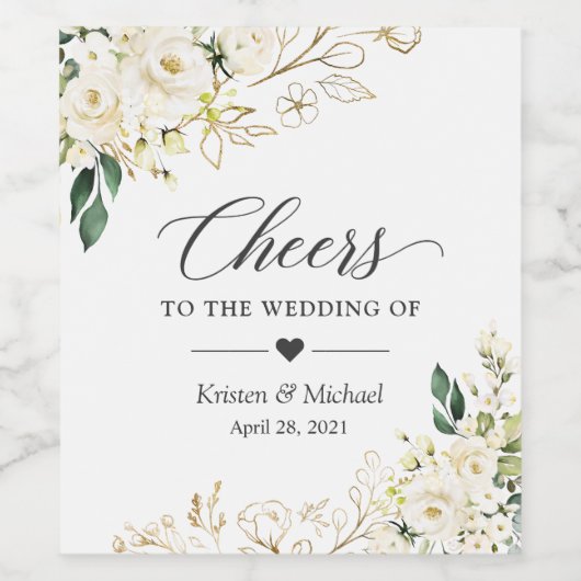 Proost op de bruiloft Elegant White Rose Floral Wijn Etiket (Enkel label)