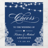 Proost op de bruiloft Navy Blue String Lights Lace Wijn Etiket (Enkel label)