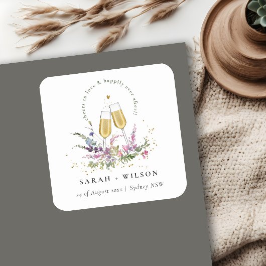 Proost op de Liefde Gouden Wijn Glazen Bloemige Br Vierkante Sticker