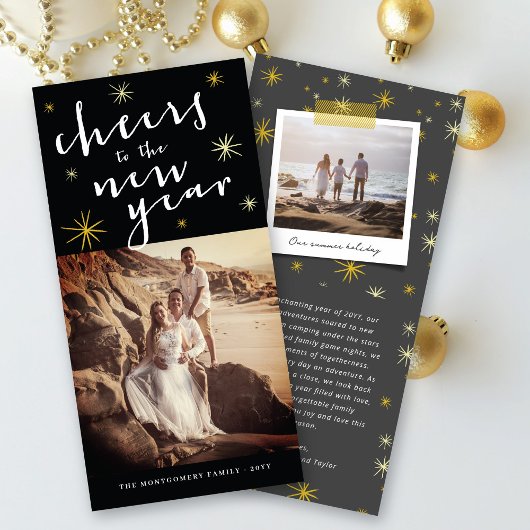Proost op de nieuwe jaar sterretjes vuurwerk foto feestdagenkaart