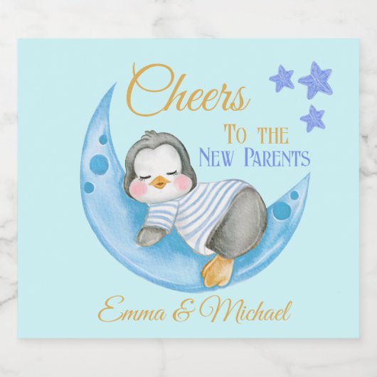 Proost op de nieuwe ouders Blue Sleeping Penguin Sparkling Wijnetiket (Enkel label)